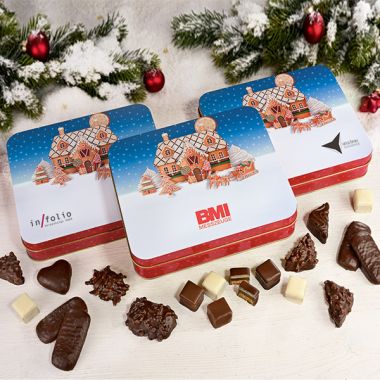 Präsentdose "Weihnachtshaus" mit Ihrem Firmenlogo