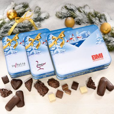 Präsentdose "Frohe Weihnachten" mit Ihrem Firmenlogo